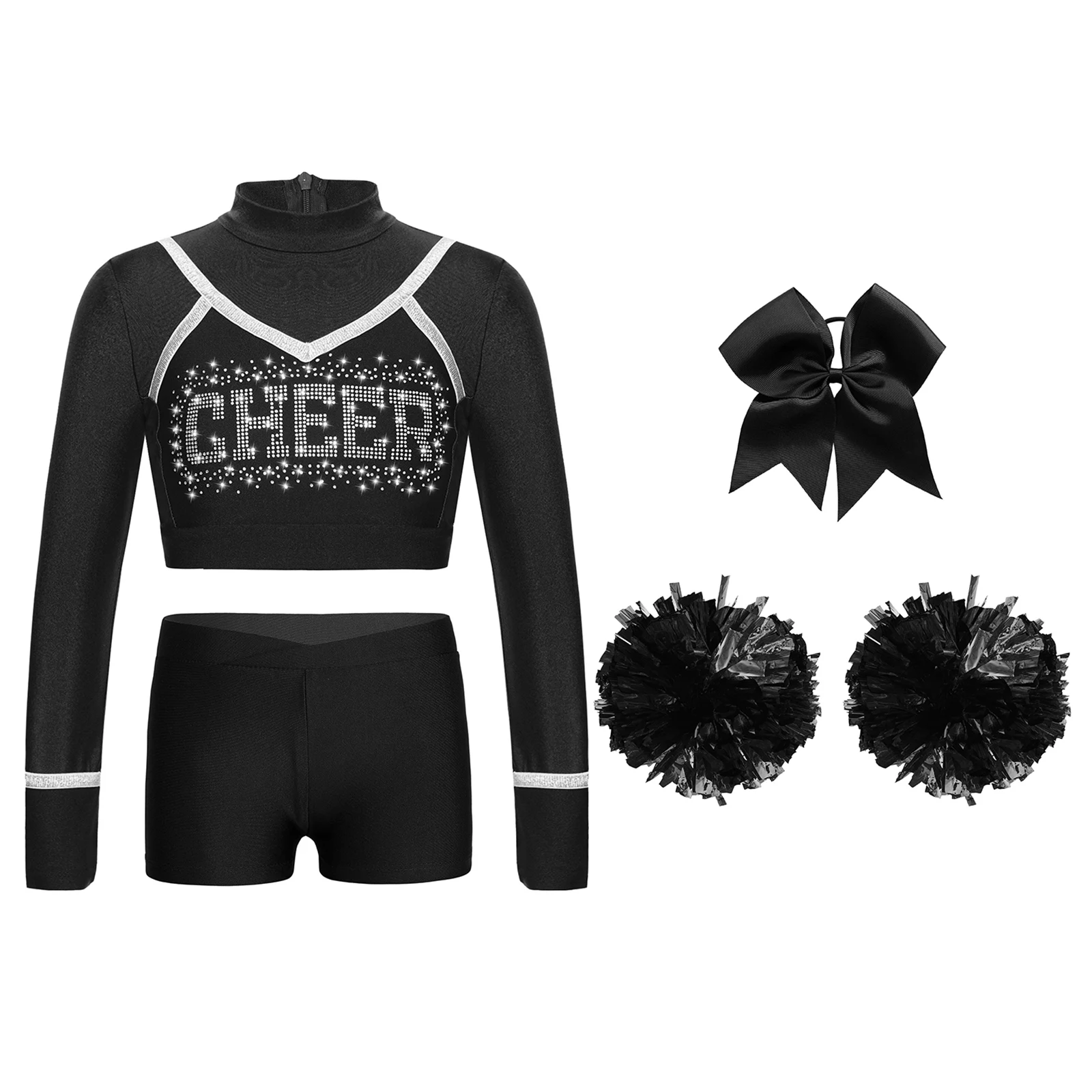 

Kids Cheerleading Costume Dance Uniform Cheerlead Outfit Shiny Sleeveless Crop Top Shorts Flower Ball School Girls Dancewear Set