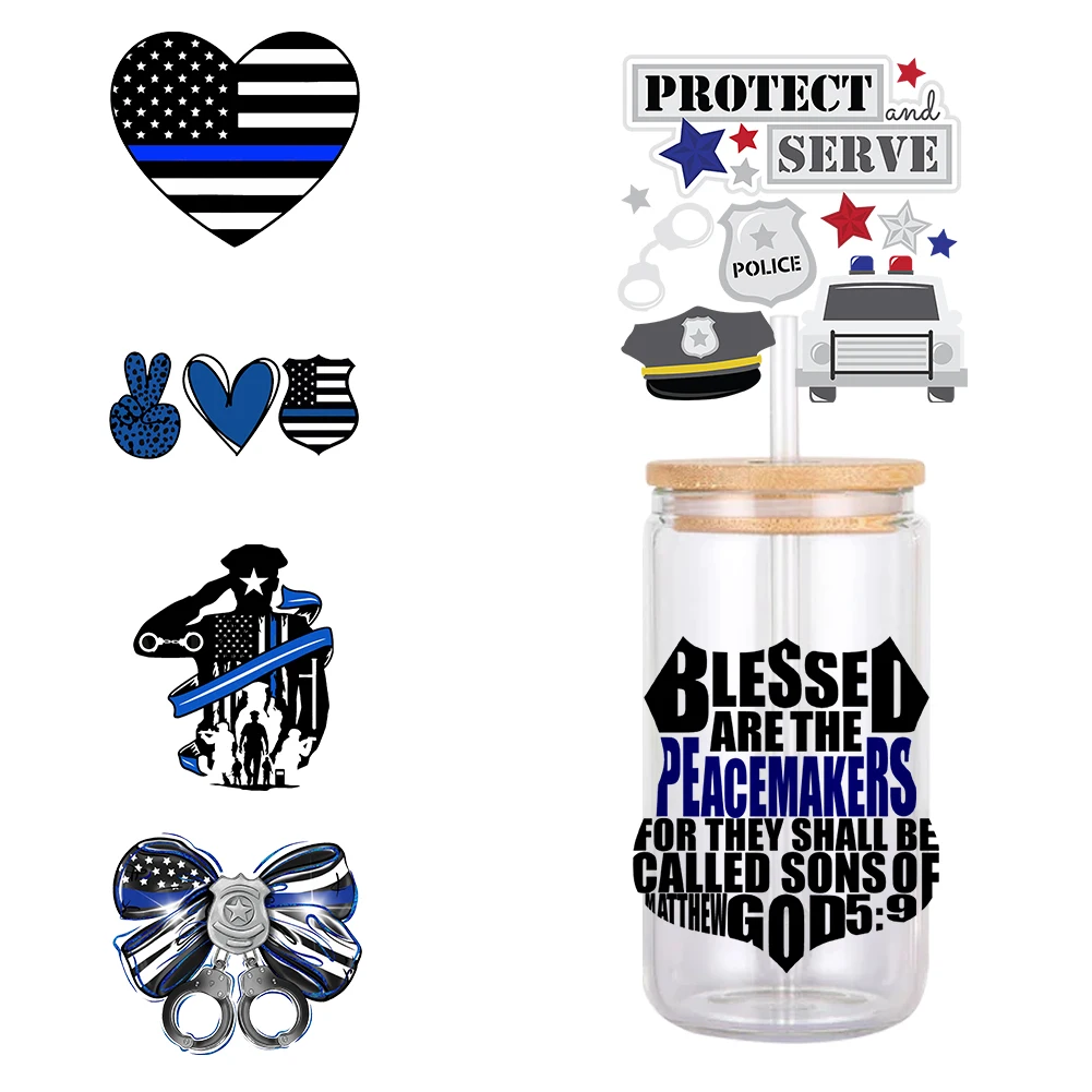 11x11cm primeiros responders policiais à prova d'água uv dtf copo envoltório para vidro libbey de 16oz pode adesivo de transferência diy