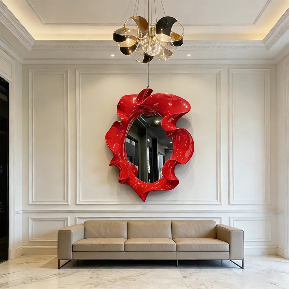 Modern Artistic Wave Frame Mirror: Glossy Red Resin Wall Mounted Decorative Mirror for Living Room