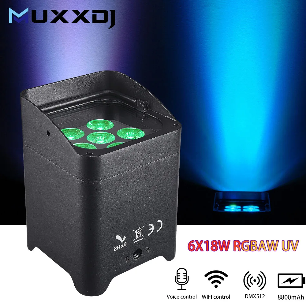 

MUXXDJ 6x18w RGBWA UV 6in1 Wireless Battery Powered Led Uplights Wifi App DMX Par Lights For Wedding Church Party
