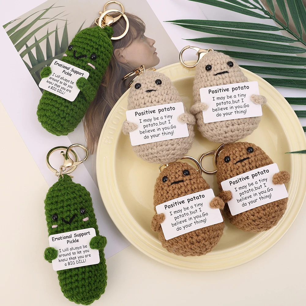 Handmade Positive Potato Keychain Cute Energy Toy Patata Cucumber Hugging Card Wool Crochet Doll Bag Pendant Inspired Key Chains