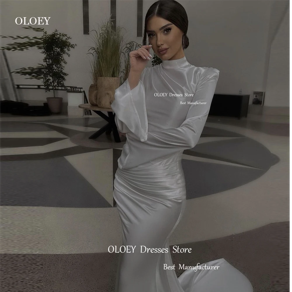 

OLOEY Modest Silk Satin Wedding Dresses High Neck Long Sleeves Pleats Sweep Train Dubai Arabic Women Bridal Gowns Formal Party