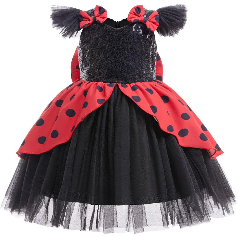 Girls' New Polka Dot Print Color Matching Bow Knot Mesh Princess Dress Halloween Christmas Party School Party Performance Dress