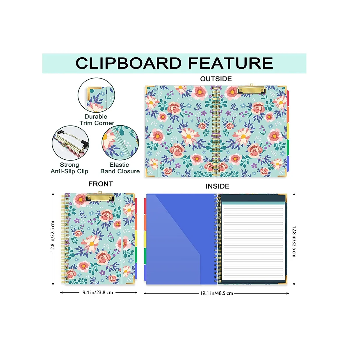 Spiral Clipboard with Refillable Lined Notepad for Size(11.5X8.5Inch), 5 Extra Colour Storage Dividers with 10 Pockets B