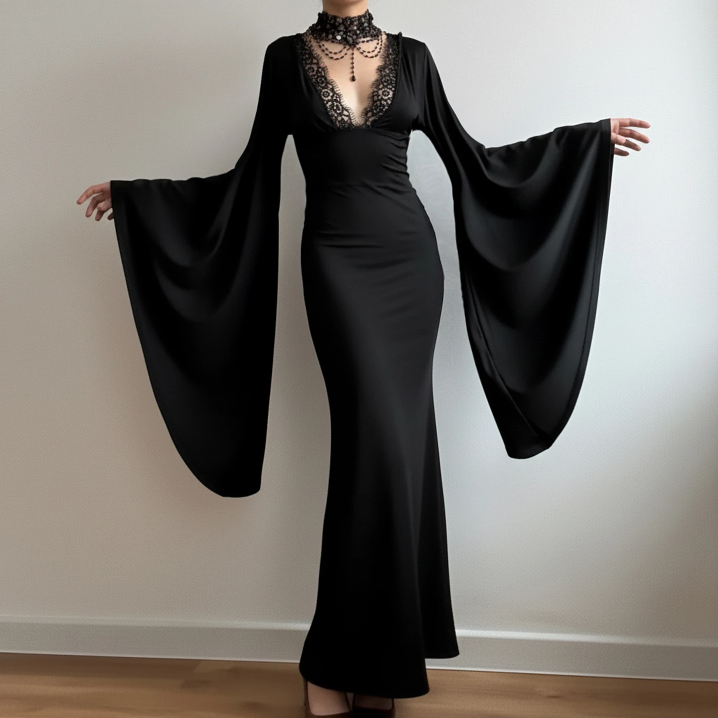 

Gothic Lace Trim Bodycon Dress Elegant Fashion Dark Slim-Fitting Solid Deep V-Neck Long Flare Sleeve Maxi Dresses Women 2025