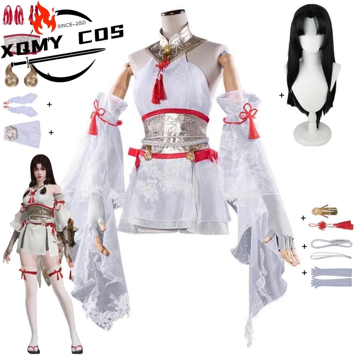 

XqGame Naraka: Bladepoint Tsuchimikado Kurumi Косплей Костюм Белое платье без рукавов Боевая форма Парик Женский сексуальный карнавальный костюм
