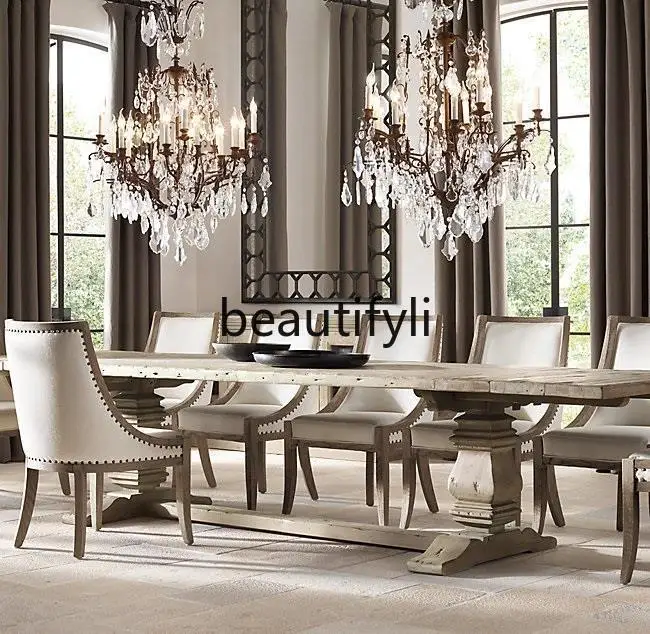 

Oak Vintage Solid Wood Rectangular Dining Table French Country Style Distressed Large Long Table Conference Table Solid Wood