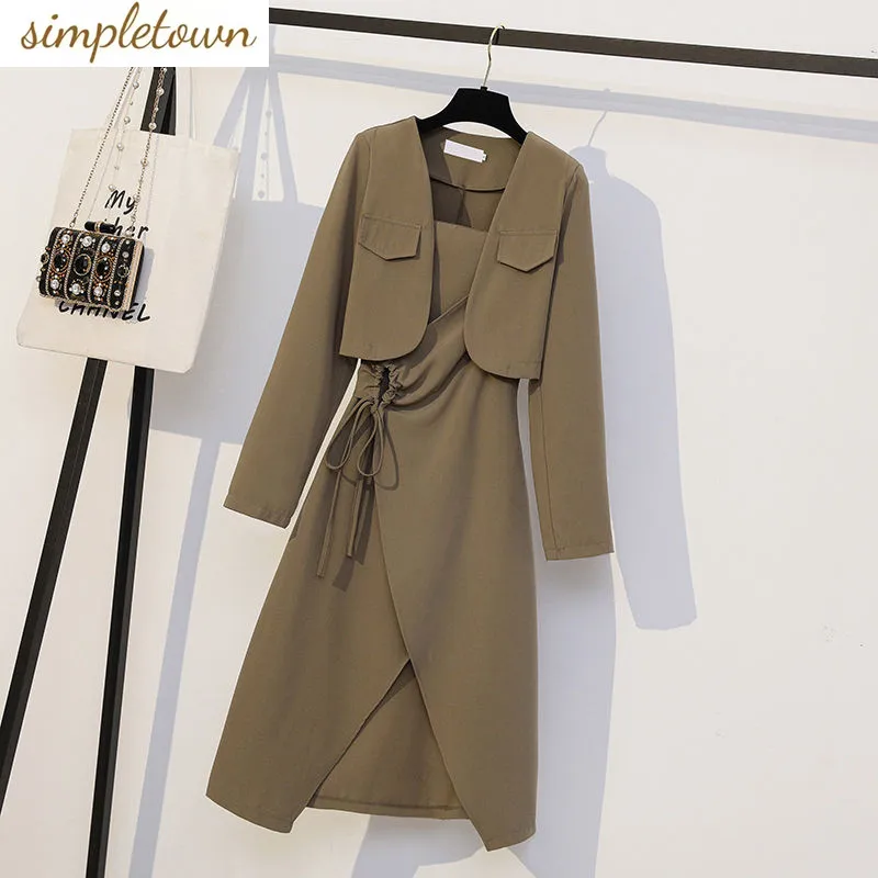 Large Women's Dress 2023 Autumn New Fat Younger Sister Mm Thin Fashion Temperament Coat Suspender Skirt Two-piece Suit