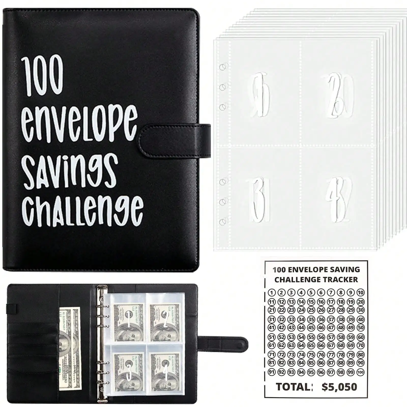 100 Envelope Savings Challenge Binder, Cash Budget Planner Book, Money Saving Challenge Notebook, Leather Budget Organizer with Envelopes, 5050 Savings Tracker Sheet, Financial Budget Journal for Adults