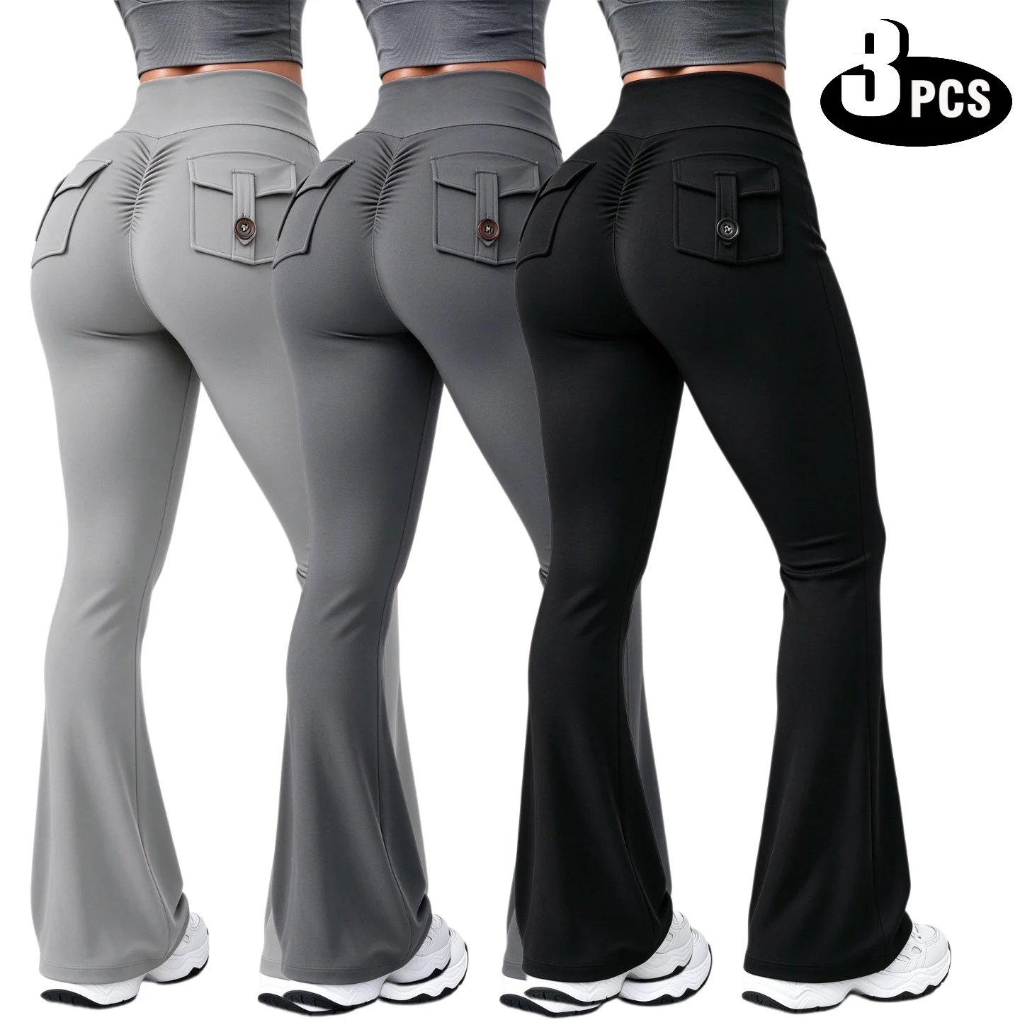 3pcs High Waist Flared Bootcut Yoga Pants Set Stretchy Breathable Workout Trousers with Button Pockets Comfort Fit