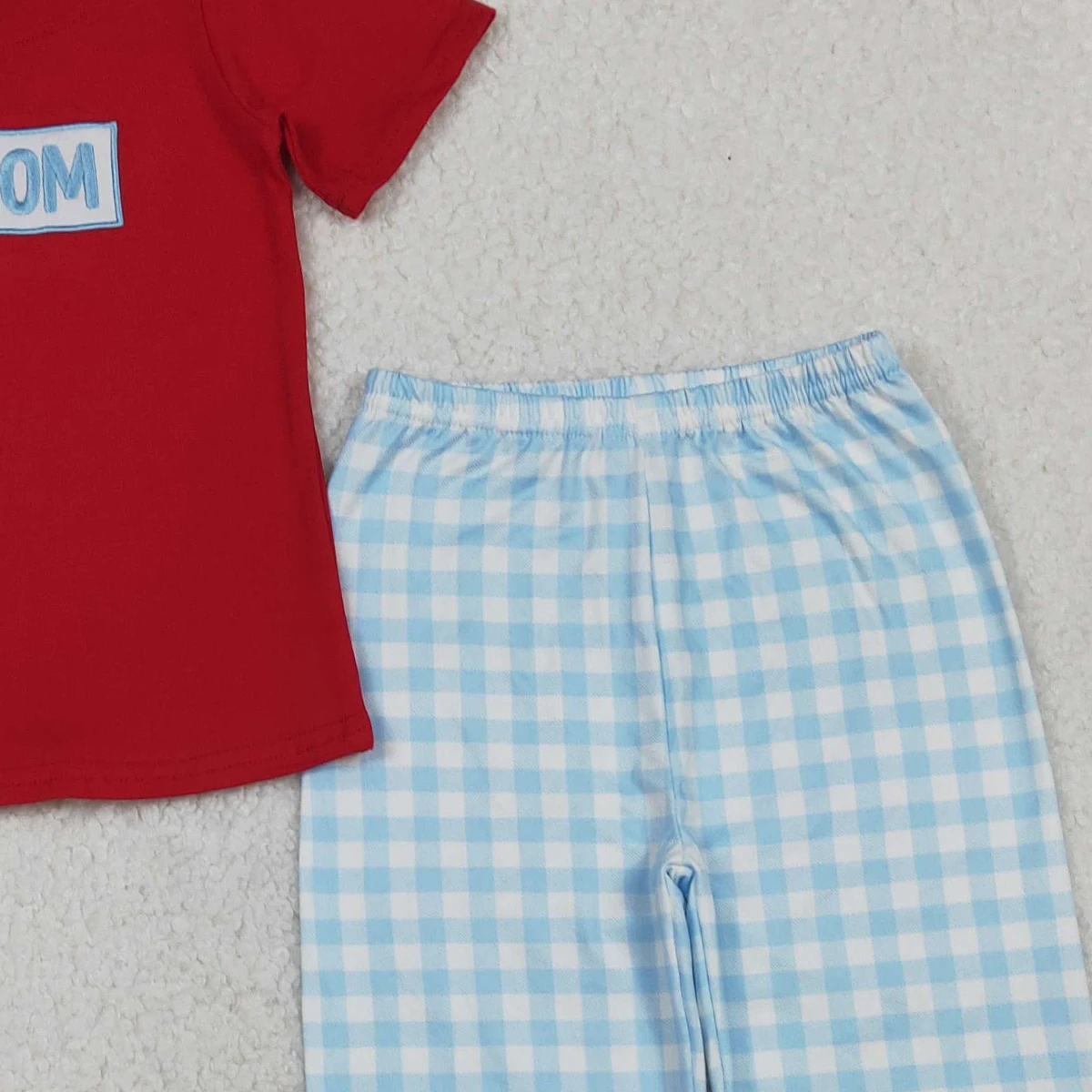 Baby Boys Red Cotton Embroidery 'I Love Mom' Shirts And Checked Pants Outfit Set Plaid Pants Top for Boys Clothing Set
