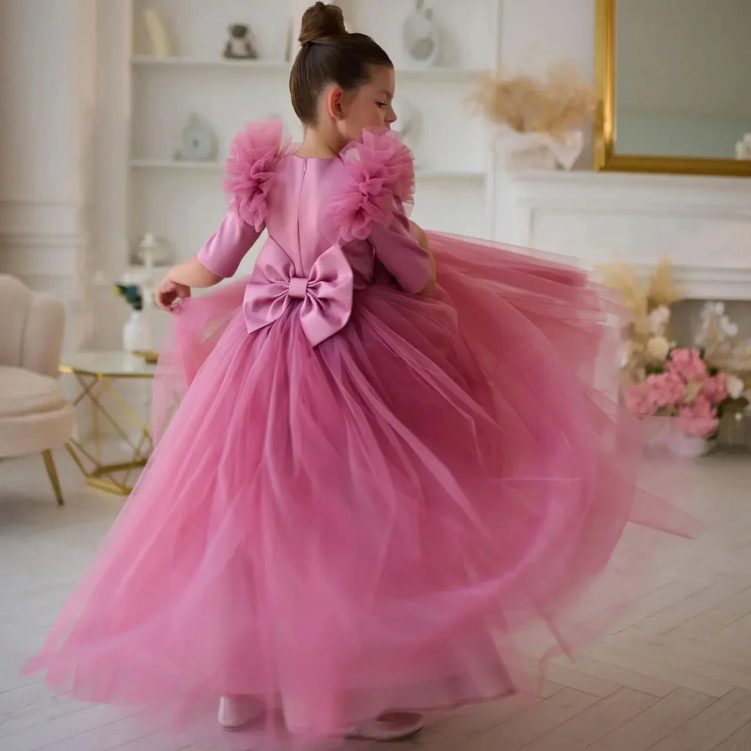 فستان فتاة الزهور الوردي المخصص من التول مع فيونكة نصف كم لحفلات الزفاف وأعياد الميلاد وحفلات التواصل المقدس