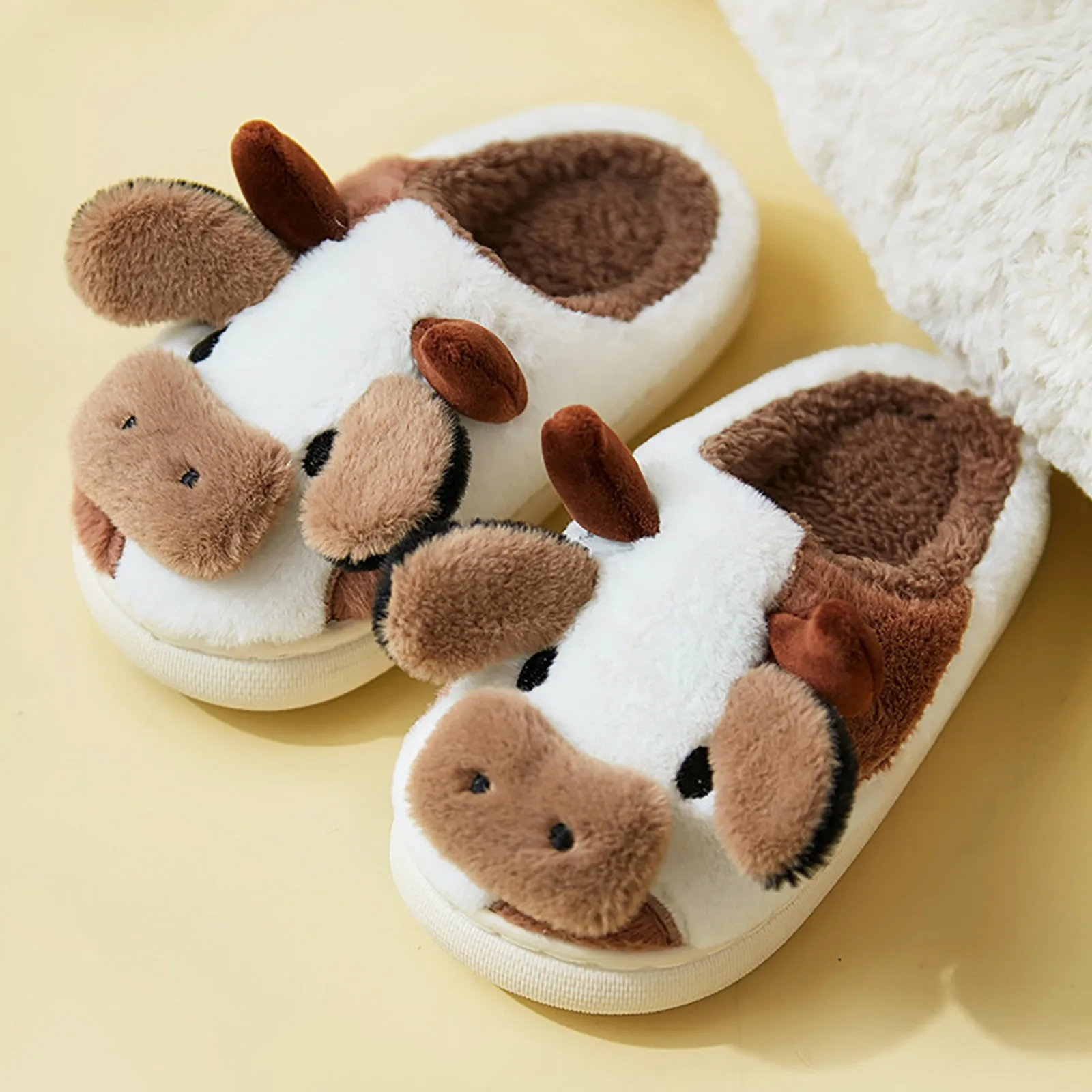 New Winter Kids Cute Cartoon Cow Warm Plush Slippers Children Indoor Non-slip House Baby Boys Girls Toe Wrap Home Cotton Shoes