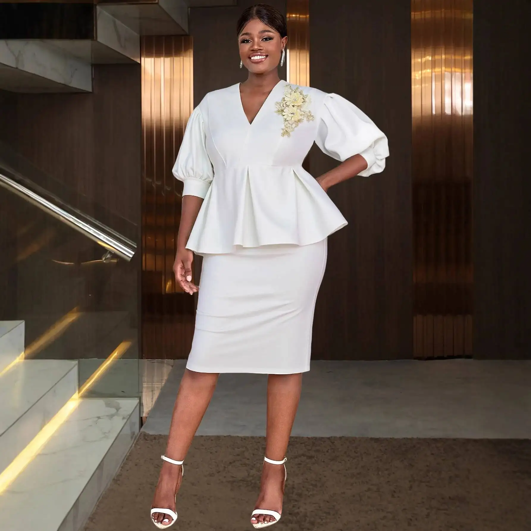 

Plus Size Women's White V-neck Puff Sleeve Set, Slimming Embroidered Ruffle Top and Bodycon Skirt Two-piece Set for Plus Size