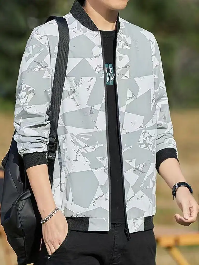 

Slim Fit Casual Men's Jaet 2025 Spring Autumn New Sle Korean Version Printed Trendy Streetwear Zipper Long Sve Coat