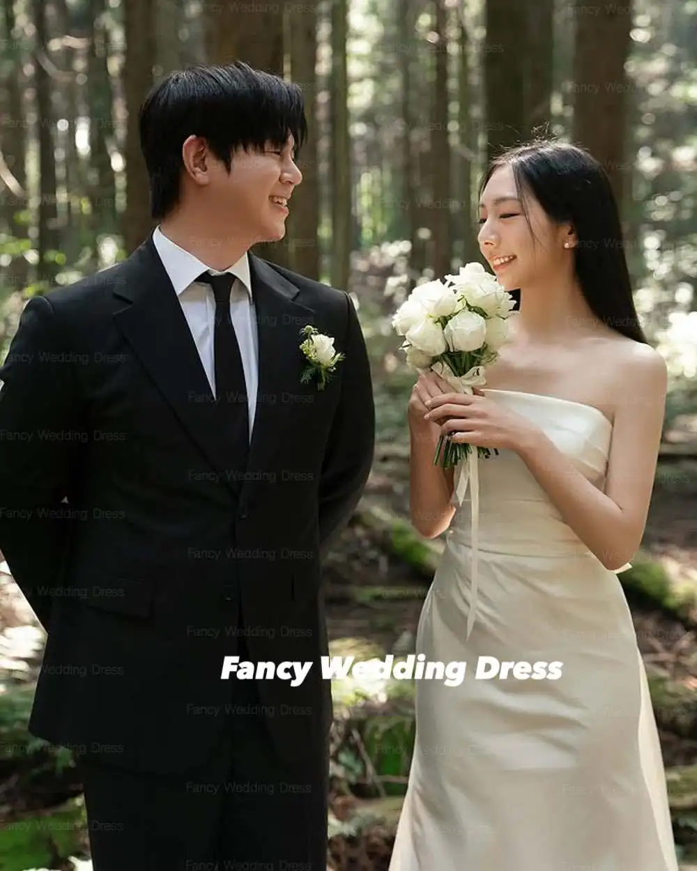 ファンシーシンプルなタフタのウェディングドレス韓国写真撮影 A ラインノースリーブイブニングドレスバックコルセット 웨딩드레스カスタマイズ