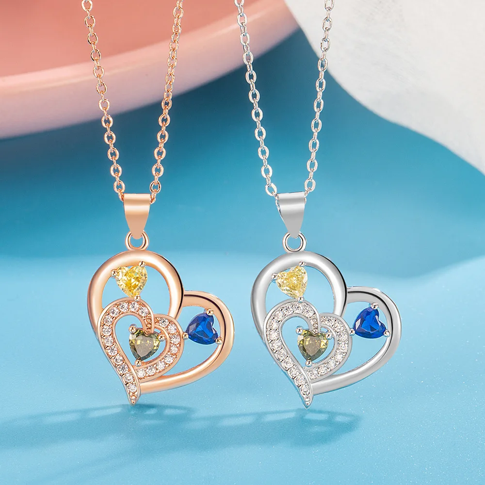 

Ожерелье из стерлингового серебра 925 пробы, трехцветное ожерелье с подвеской в форме сердца из циркона для женщин, модное простое ювелирное изделие на день рождения, подарок