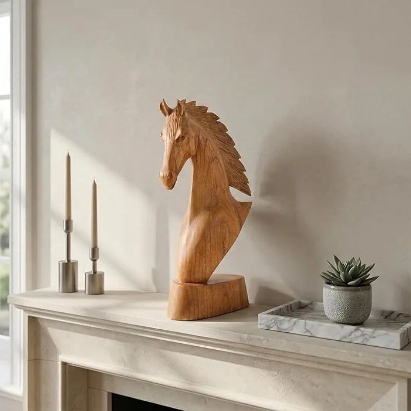 Solid wood horse head sculpture ornament, living room entrance decoration, heroic dynamic style home decoration