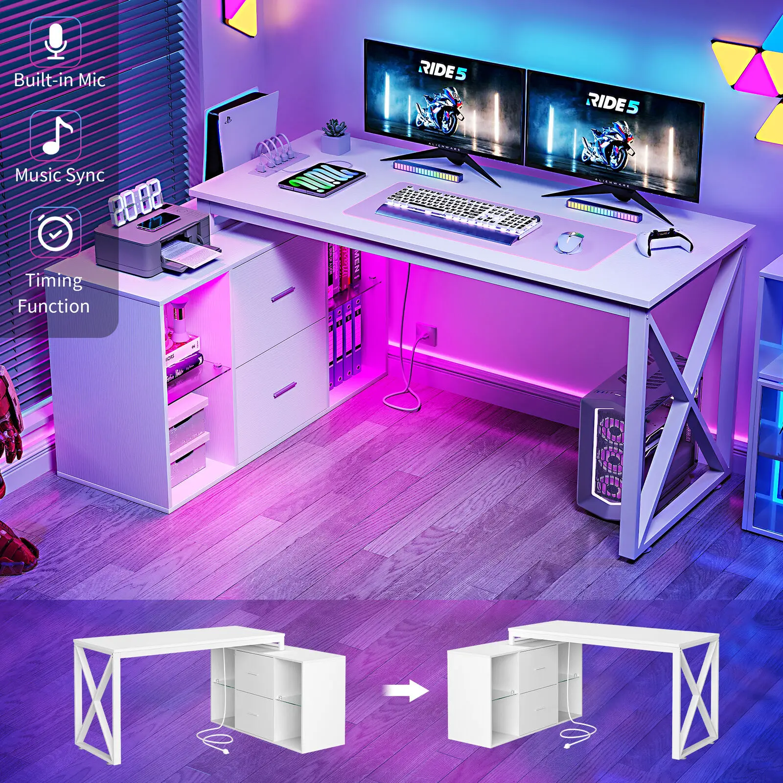 

L Shaped Desk with Power Outlets & File Cabinet LED Computer Desk