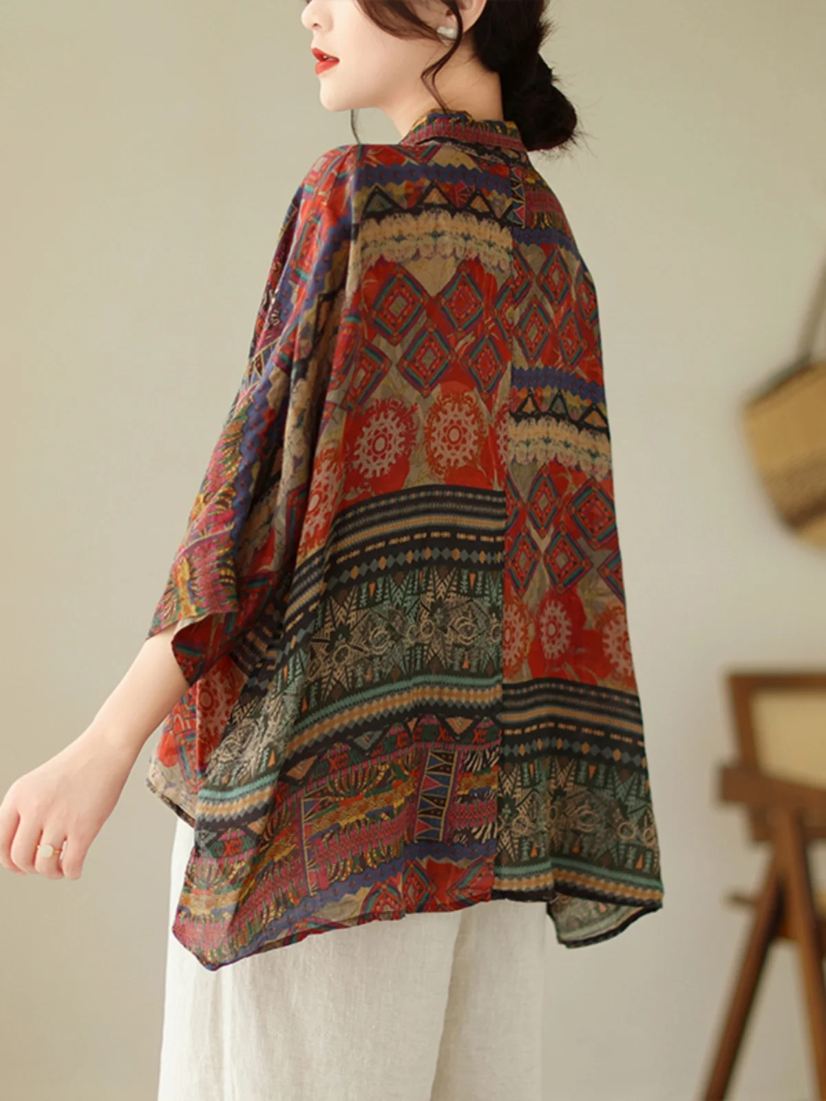 Loose Women's irt Summer Sle Floral Print Cotton Linen Batwing Sve Casual Faionable Top for Office Commute