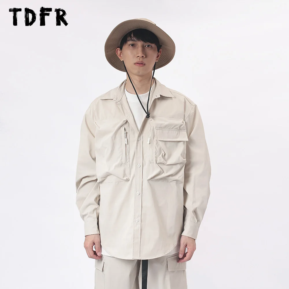 Pocket Cargo Shirts Mens Casual Solid Color Safari Style Curved Hem Loose Lapel Single Breasted Long Sleeve Shirts Men