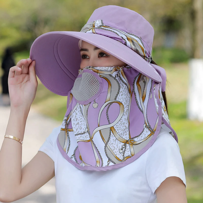 Women\'s Sun Hat Version of Anti-uv Electric Car Big Top Chain Printed Hat Can Be Disassembled Hat Wholesale Sun Protective