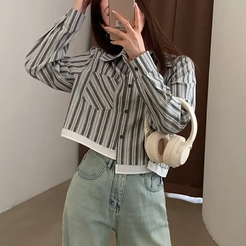 QWEEK Korean Style Striped Short Shirt Irregular Elegant and Youthful Woman Blouses Office Long Sleeve Autumn Women\'s Clothes