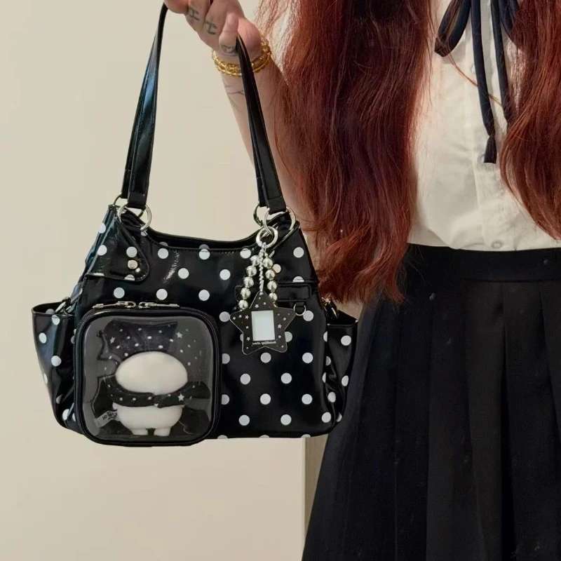 Polka Dot Ita Bag mit transparentem Sichtfenster, Damen-Umhängetasche, japanische Mädchen-Handtasche mit süßer Schleifendekoration. – Detail 7