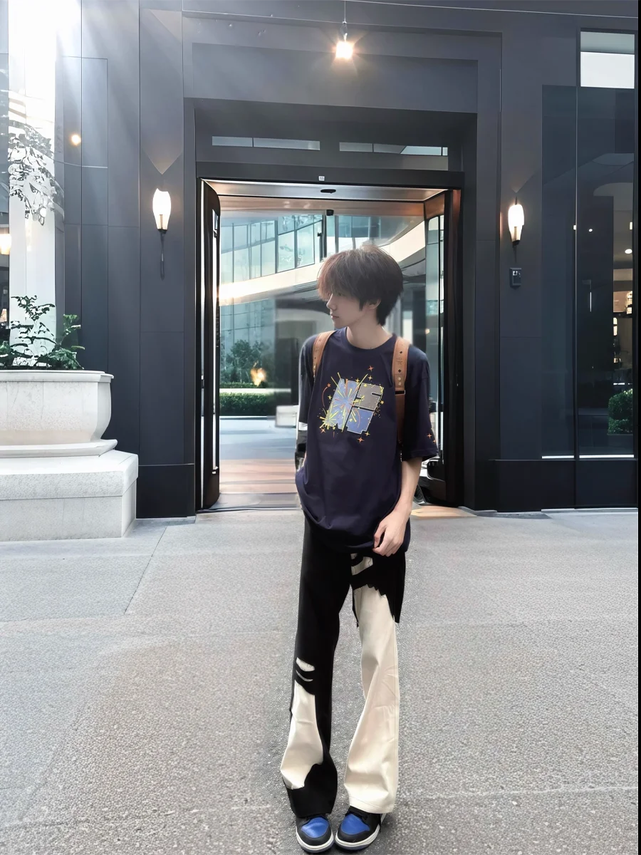 

American High Street Men's Slim Fit Jeans Bla White Splicing Hole Design Casual Straight Leg Pants Youth Faion