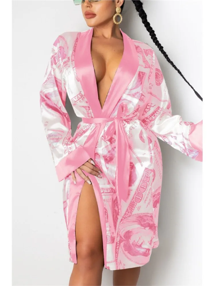 

Large Size Women's Nightwear Robe Homewear Fashion Print Kimono Bathrobe Home Dress Women Loose Belt Casual Loungewear