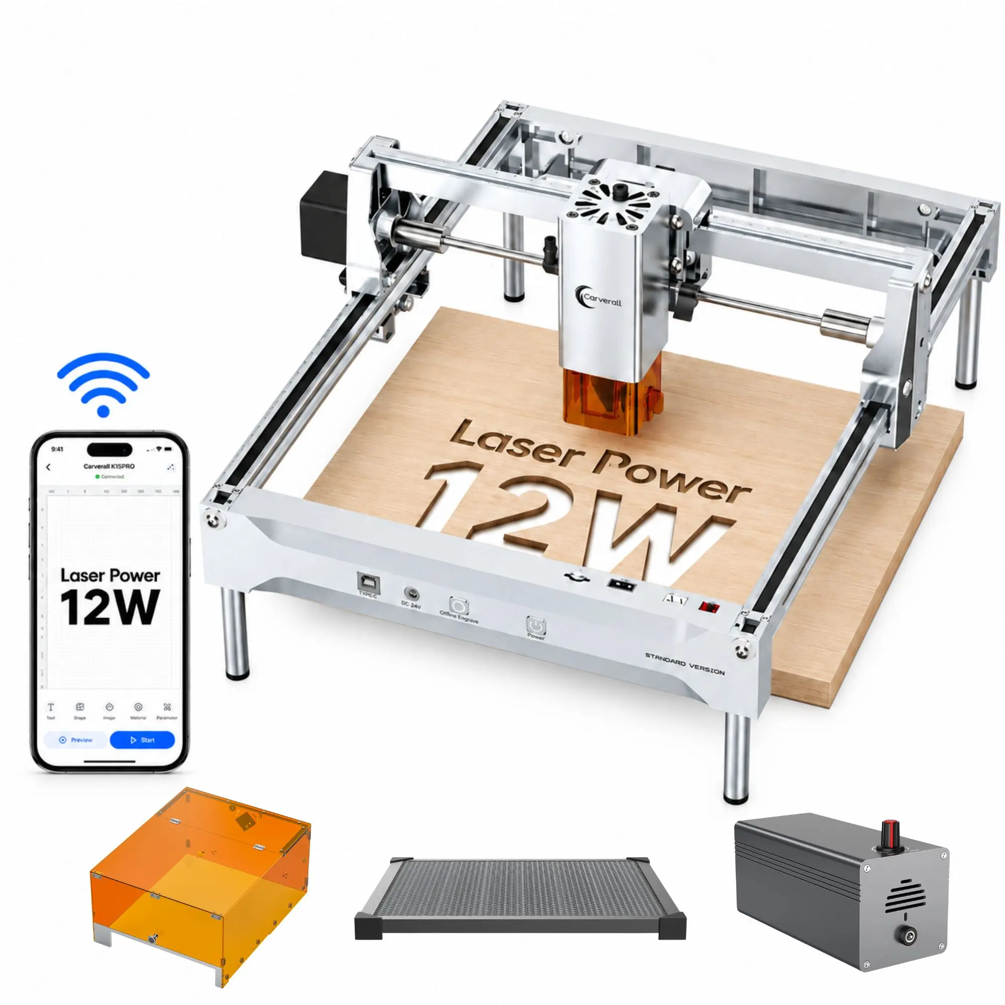 Carverall K15Pro 7/12W Lasergravierer Laserschneider, 200x300mm, 15000mm/min, 0,01mm Präzision, WLAN USB, LightBurn LaserGRBL, optional Gehäuse, Wabenplatte und MD12 Air Assist, für Holz Acryl, DIY