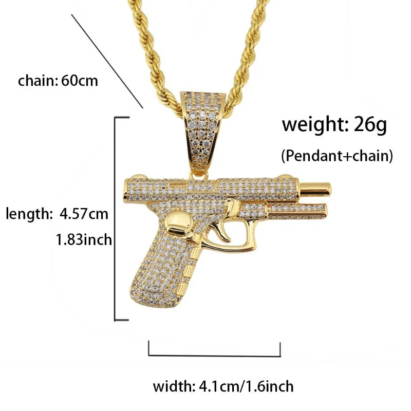 2023 New Fashion Hip Hop Crystal Pistol Pendant Personality Cool Rap Trend Pendant Necklace for Men Women Gift