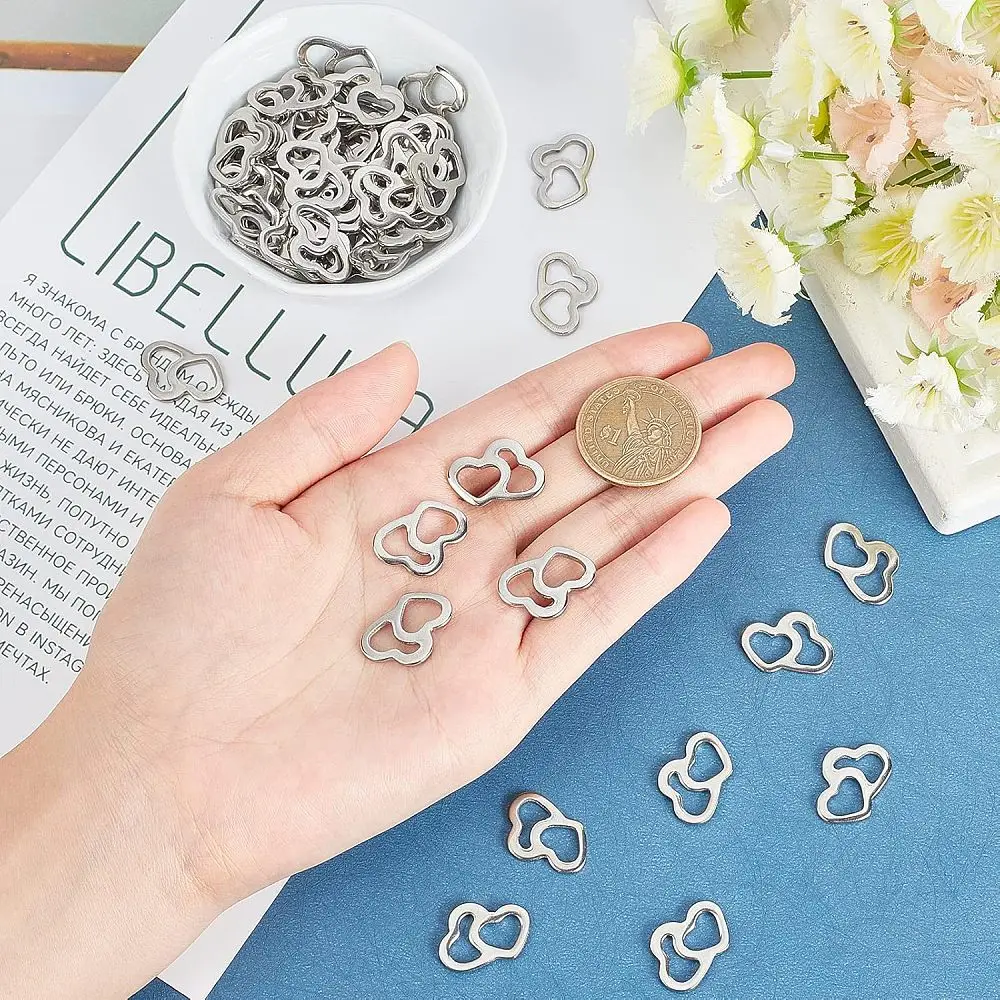 304 Stainless Steel Charms Heart to Heart Stainless Steel Color 14x20x1.5mm 60pcs/box