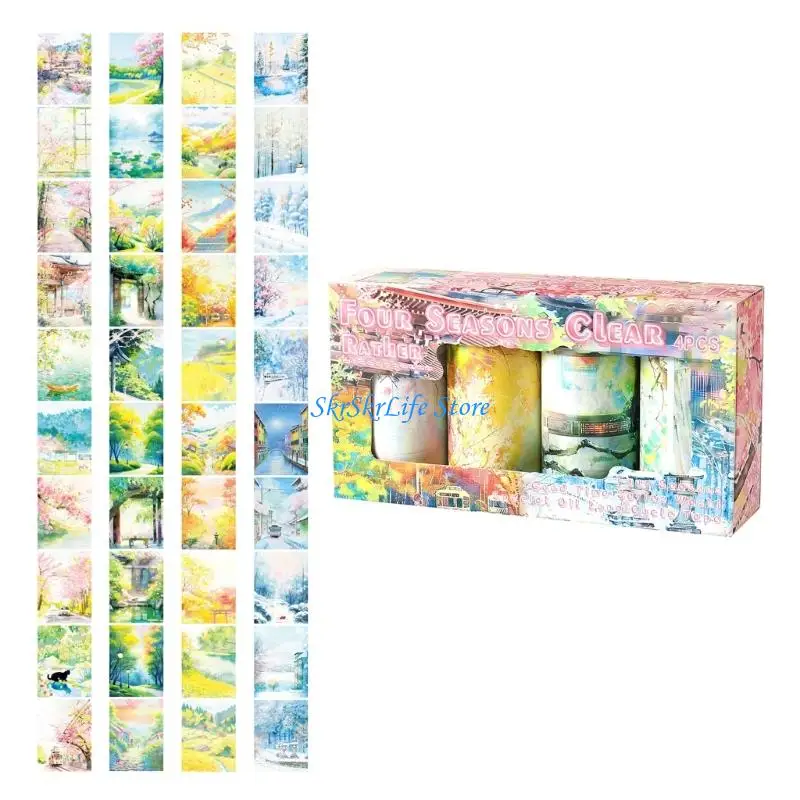 Cinta adhesiva para manualidades E65E, 4 temas, con diseños alentados por naturaleza, papel respetuoso con medio ambiente