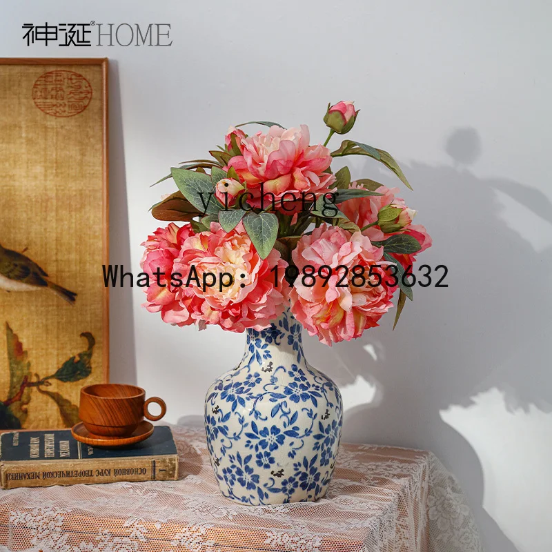 new Chinese blue and white porcelain vase ornament home bucket cabinet TV cabinet flower utensils dried flower vase