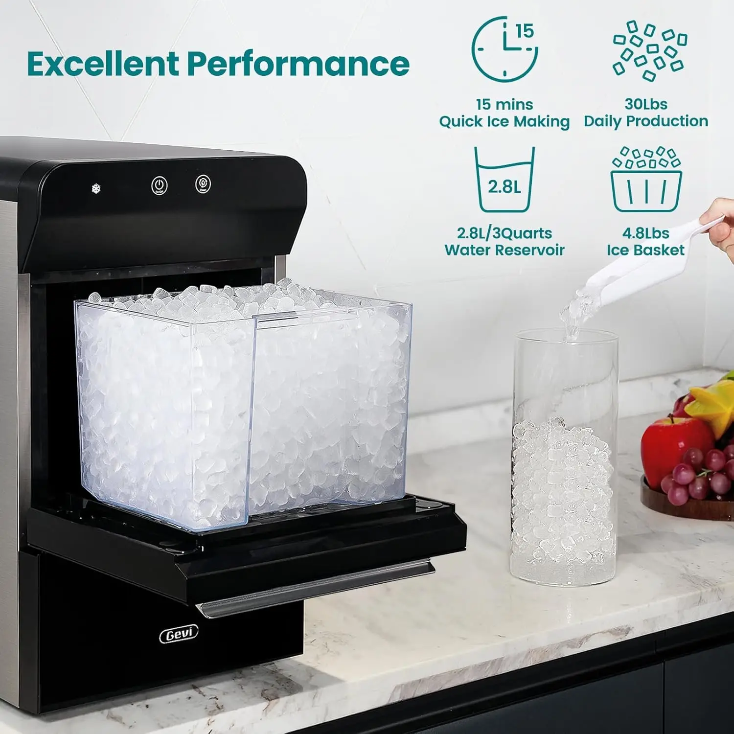 Gevi Household V2.0 Countertop Gemi Nugget Ice Maker | Self-Cleaning Pellet Ice Machine | Open and Pour Water Refill |