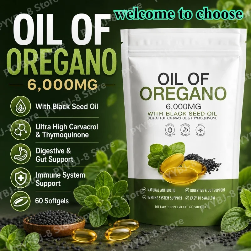 Oil of Oregano Softgels 6,000mg Support Immune & Digestive Contain Organic Black Seed Oil 60 Count Natural Herbal Supplement