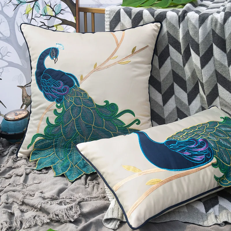 New Chinese Embroidered Peacock Throwing Pillow, Cushion, Sofa Cushion Cover, Bed Waist Pillow Cover