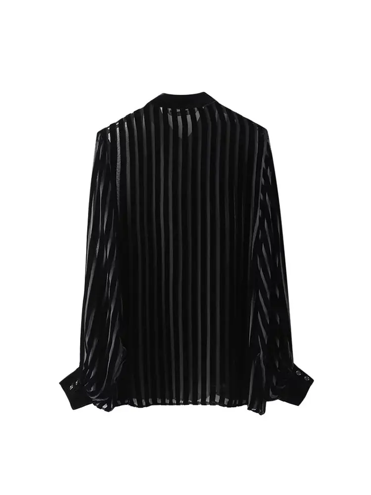 TRAF 2024 Striped Velvet Shirts for Women Black Oversize Shirt Woman Long Sleeve Shirts Blouses Women Semi Sheer Women\'s Shirts