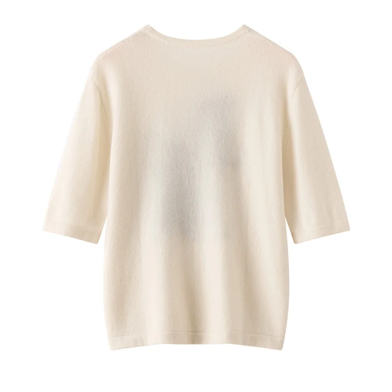 Spring and Summer 100% Pure Cashmere Women'S Round Neck Short Sleeve Embroidered Pony Knit Loose Fashionable Base Shirt T-Shirt