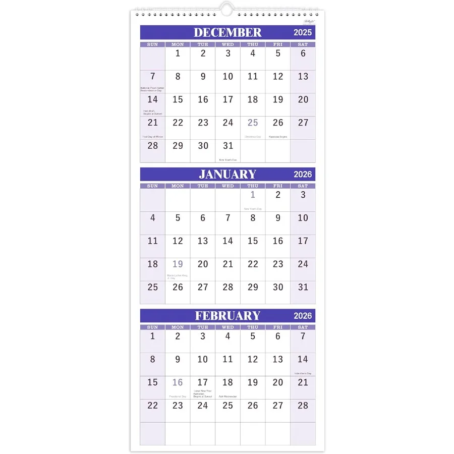 

2026 Wall Calendar 3 Month Wall Calendar Display Folded in a Month Jan. 2026 Dec. 2026 11" x 26" 3 Month Vertical Calendar Purp