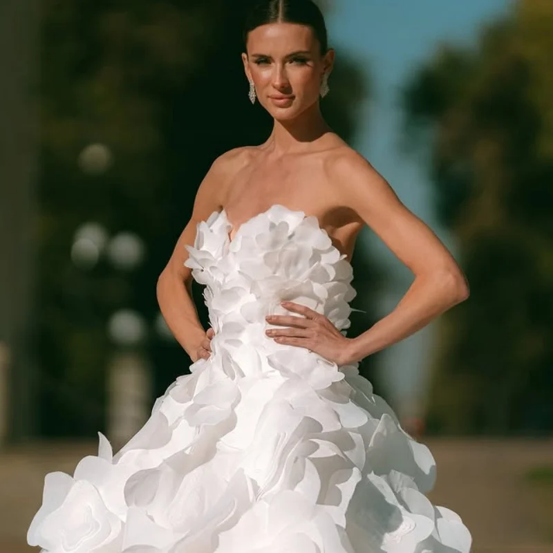 White Appliques Wedding Dresses glitter decal off-shoulder A skirt Big flower Lace layering Gowns Made  wedding dress Bridal Gow