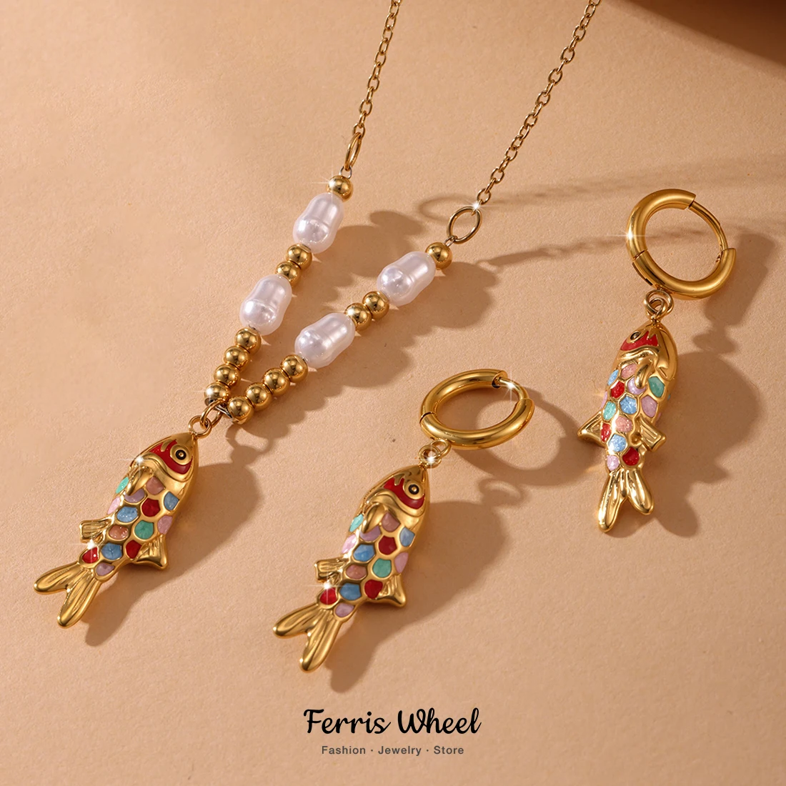 

Colorful Fish Necklace Earrings For Women Stainless Steel Waterproof Simulated Pearl Chain Clavicle Choker Daily Jewelry Gift