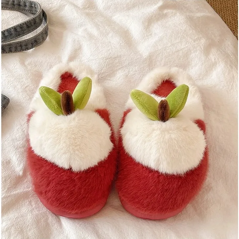 

Cute Apple Thick Bottom Women's Cotton Slippers for Winter, Warm Indoor Home Shoes, Anti Slip Plush Slippers with Toe Cover