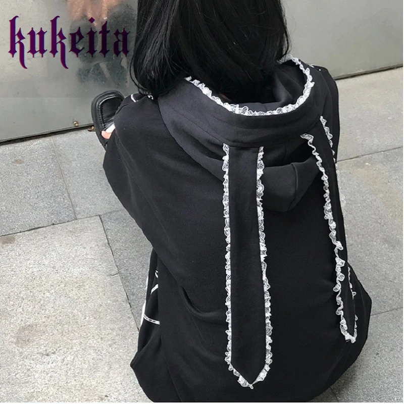 Harajuku Sweatshirt Gothic Lace Rabbit Ears Hoodies Y2k Aesthetic Women Black Punk Hoodies Spring Autumn Mujer Streetwear