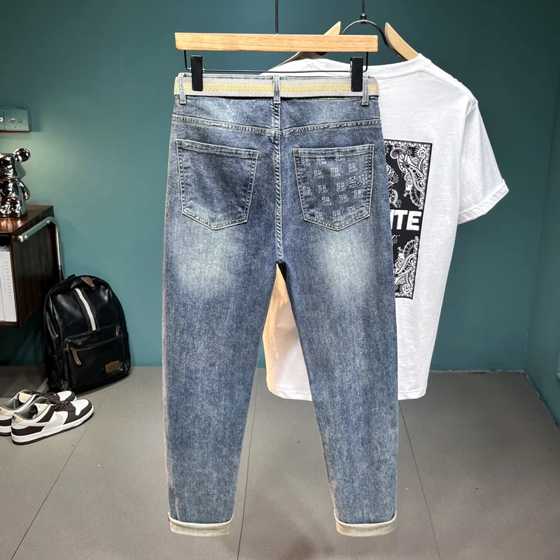 2024 Spring and Summer New Printed Personality Jeans Men's Stretch Slim Fit Fashionable Breathable Soft Comfortable Long Pants