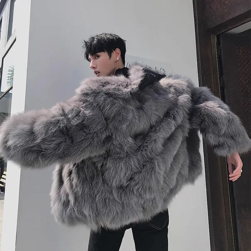 

2024 New Fox Coat Men's Imitation Fur Thickened Young Fashion Autumn and Winter Standing Collar Handsome Trend Men clothes A200