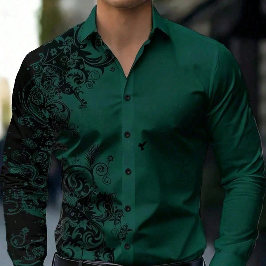 Men Red Black Asymmetric Scroll Floral Print Long Sleeve Shirt Turn‑down Collar Button Up Casual Business Dress Shirts