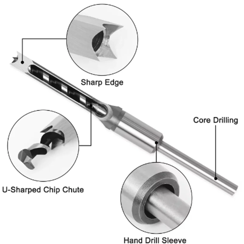 Brocas para agujeros cuadrados HSS, brocas de perforación para agujeros cuadrados, cincel de mortaja con barrena, taladro de orificio extendido, cincel de mortaja en espiral, 4 Uds.