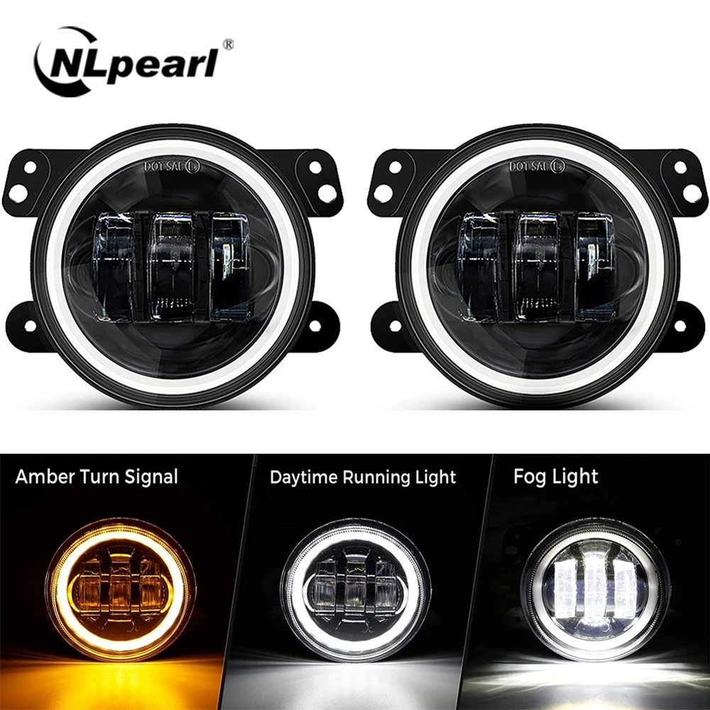 4 Inch LED Fog Lights Round Car Driving Light with White Amber Halo Ring DRL Offroad Fog Lamps for Jeep Wrangler JK TJ Dodge